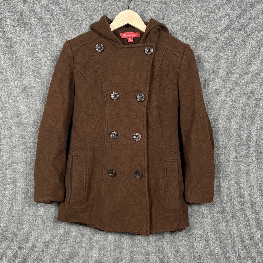 AK Anne Klein Womens Sz SM Peacoat Brown Hooded Wool Nylon Blend Double Breasted